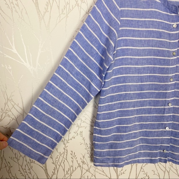 C&C CALIFORNIA 100% Linen Blue Stripe Button-Front Blouse Small Boxy Coastal - Picture 6 of 11
